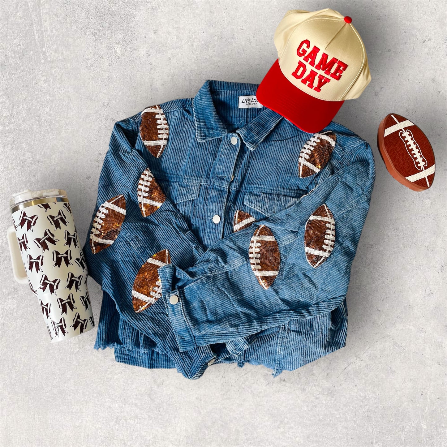 Blue Corduroy Sequin Football Jacket