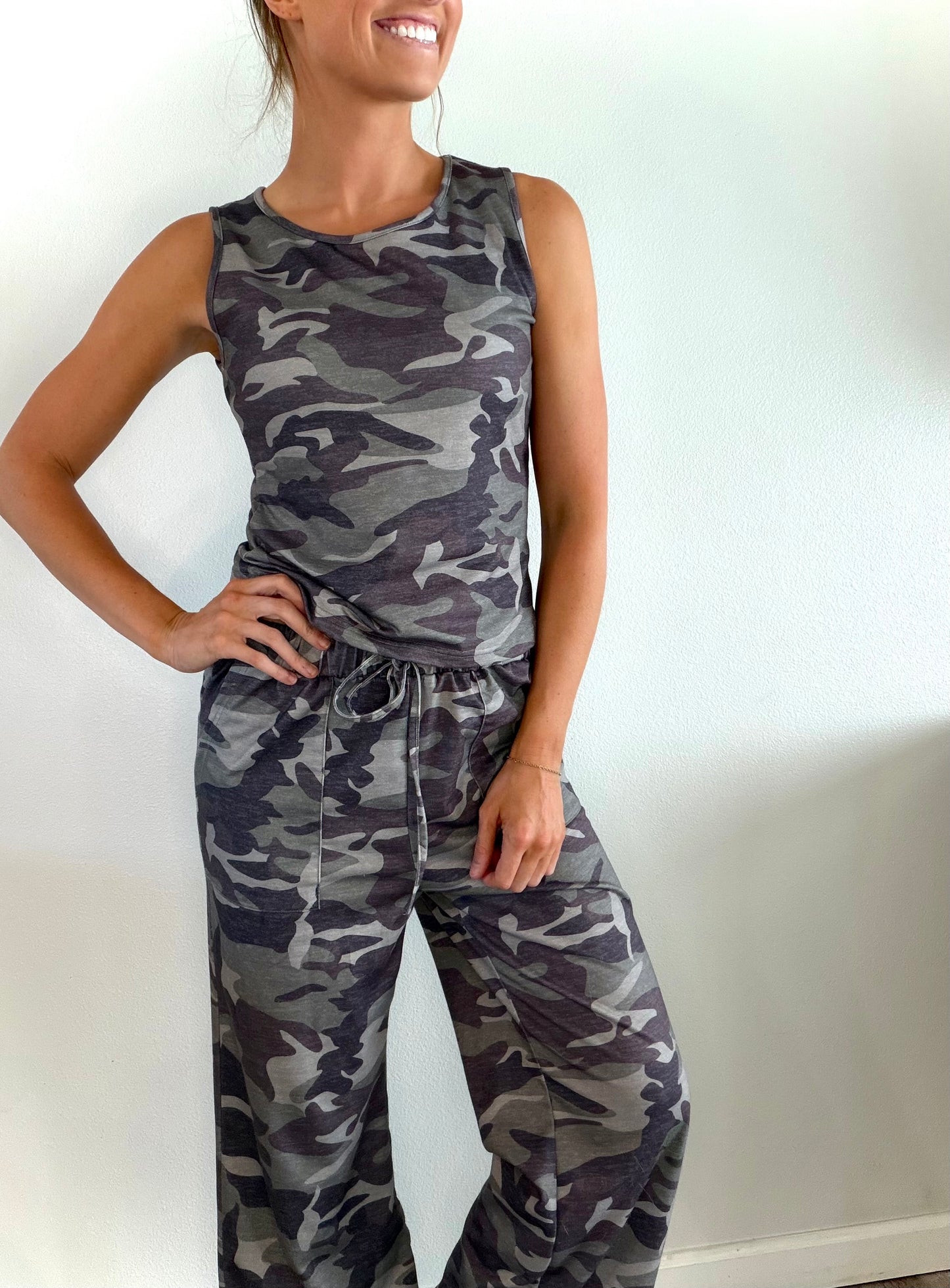 Camo Sleeveless Tank and Drawstring Wide Leg Pant Set