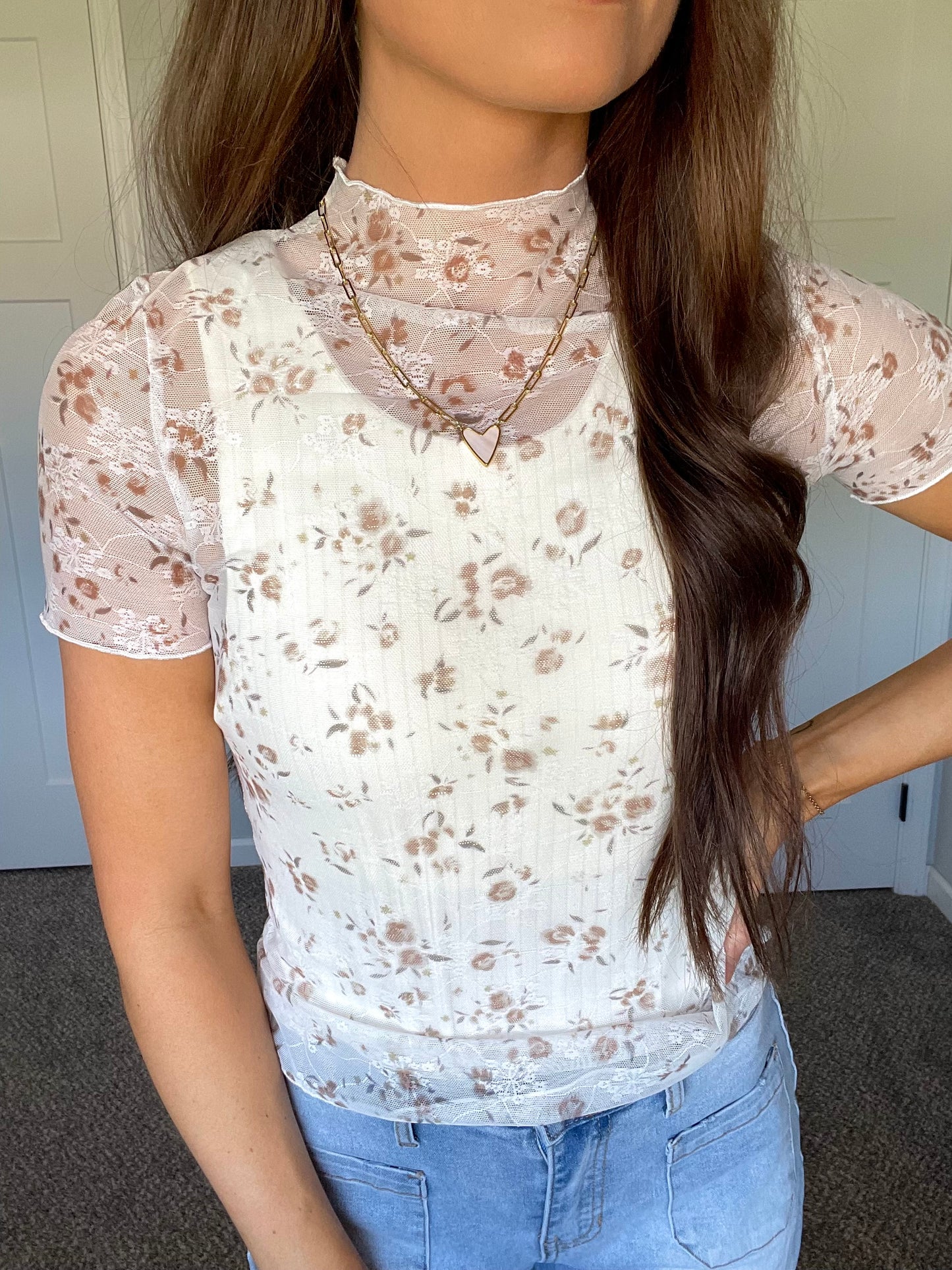 Floral Mock Neck Short Sleeve Mesh Top