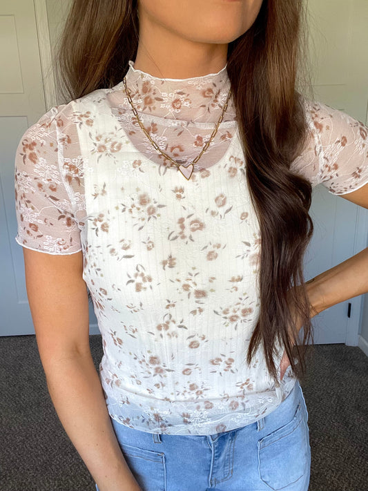 Floral Mock Neck Short Sleeve Mesh Top