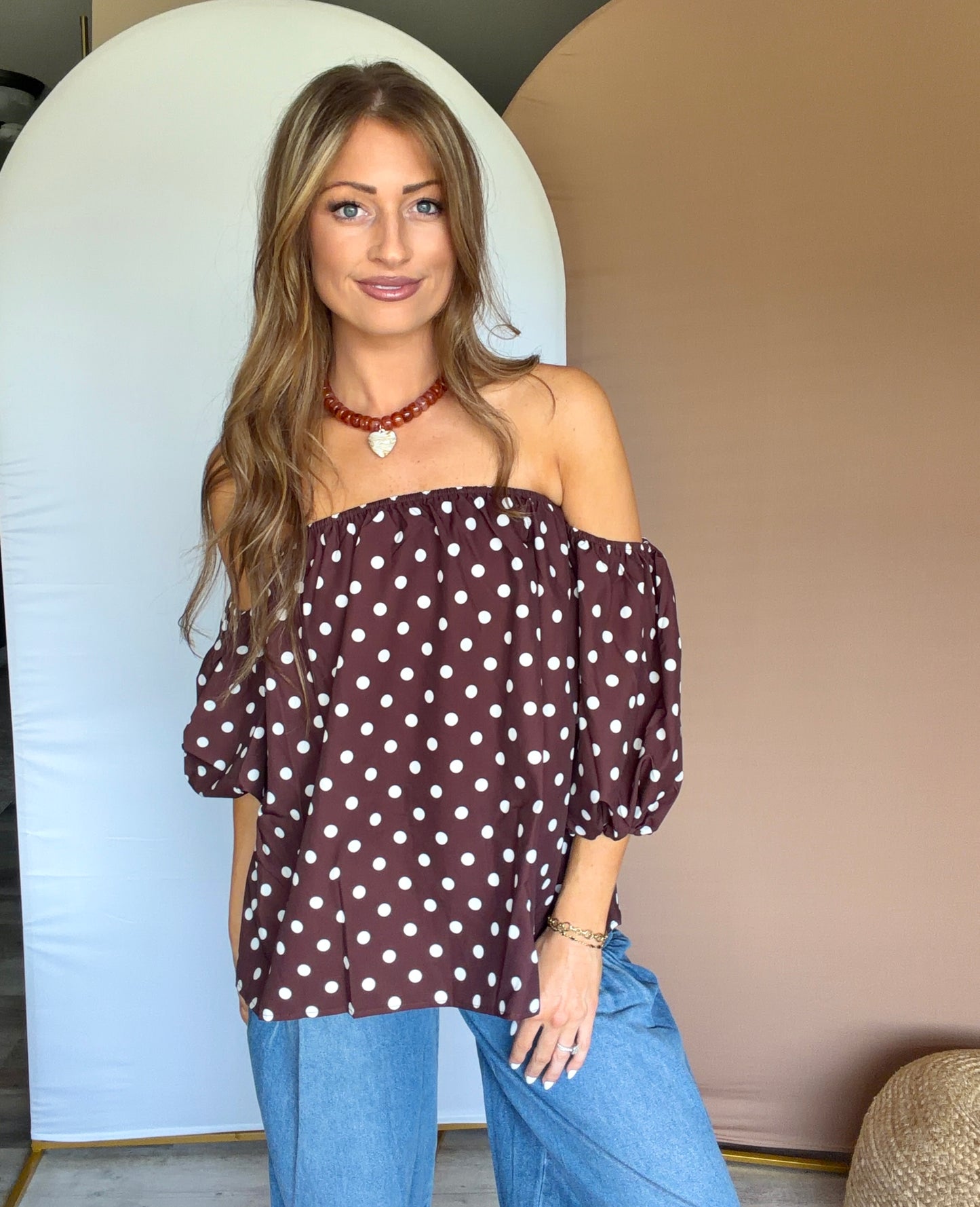 Brown Off-Shoulder Polka Dot Top