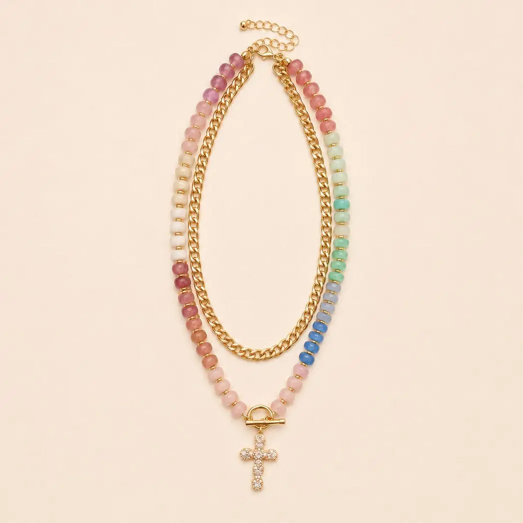 Double Layer Beaded Cross Charm Necklace