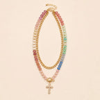 Double Layer Beaded Cross Charm Necklace