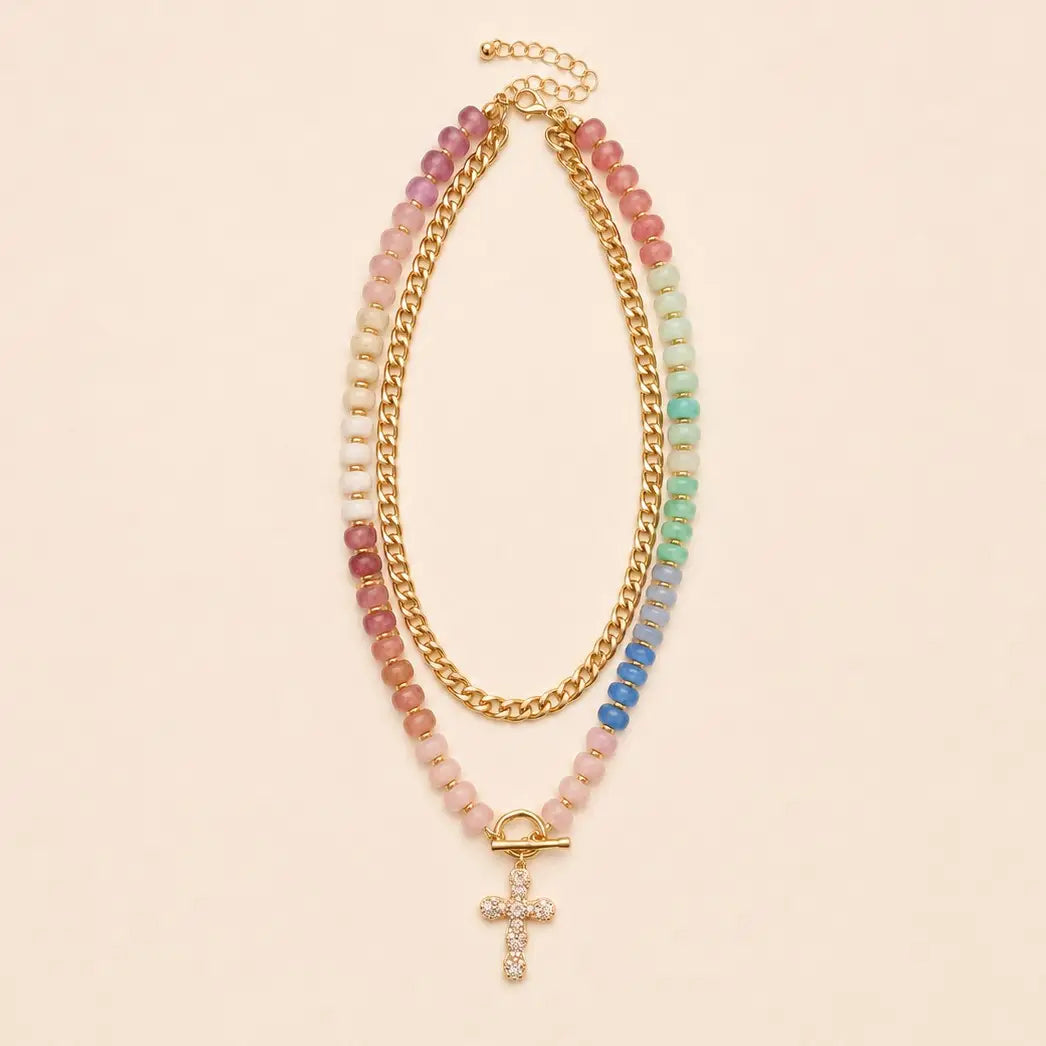 Double Layer Beaded Cross Charm Necklace
