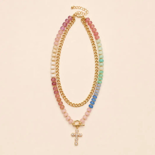 Double Layer Beaded Cross Charm Necklace