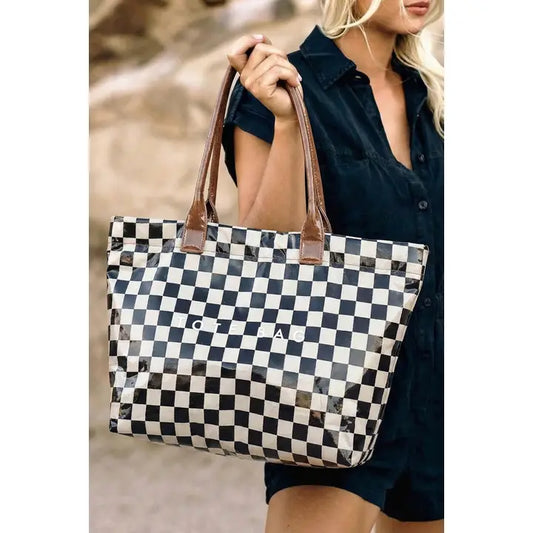 Checkered Glossy Pu Leather Tote Bag