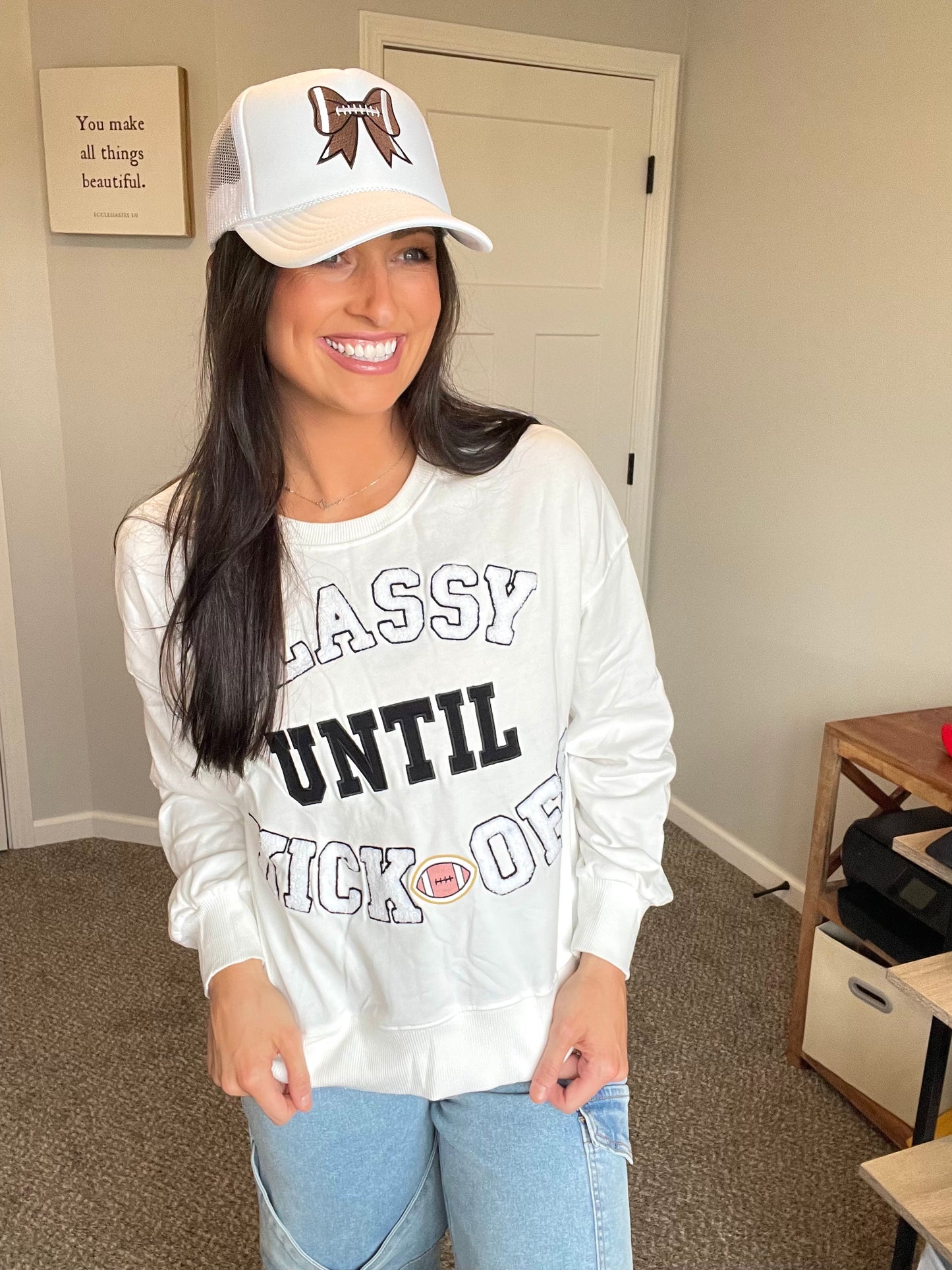 Classy Until Kickoff Letter Patched Football Sweatshirt