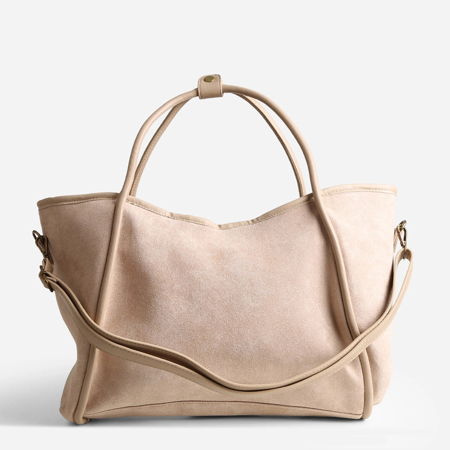 Beige Color Faux Suede Shoulder Tote Bag