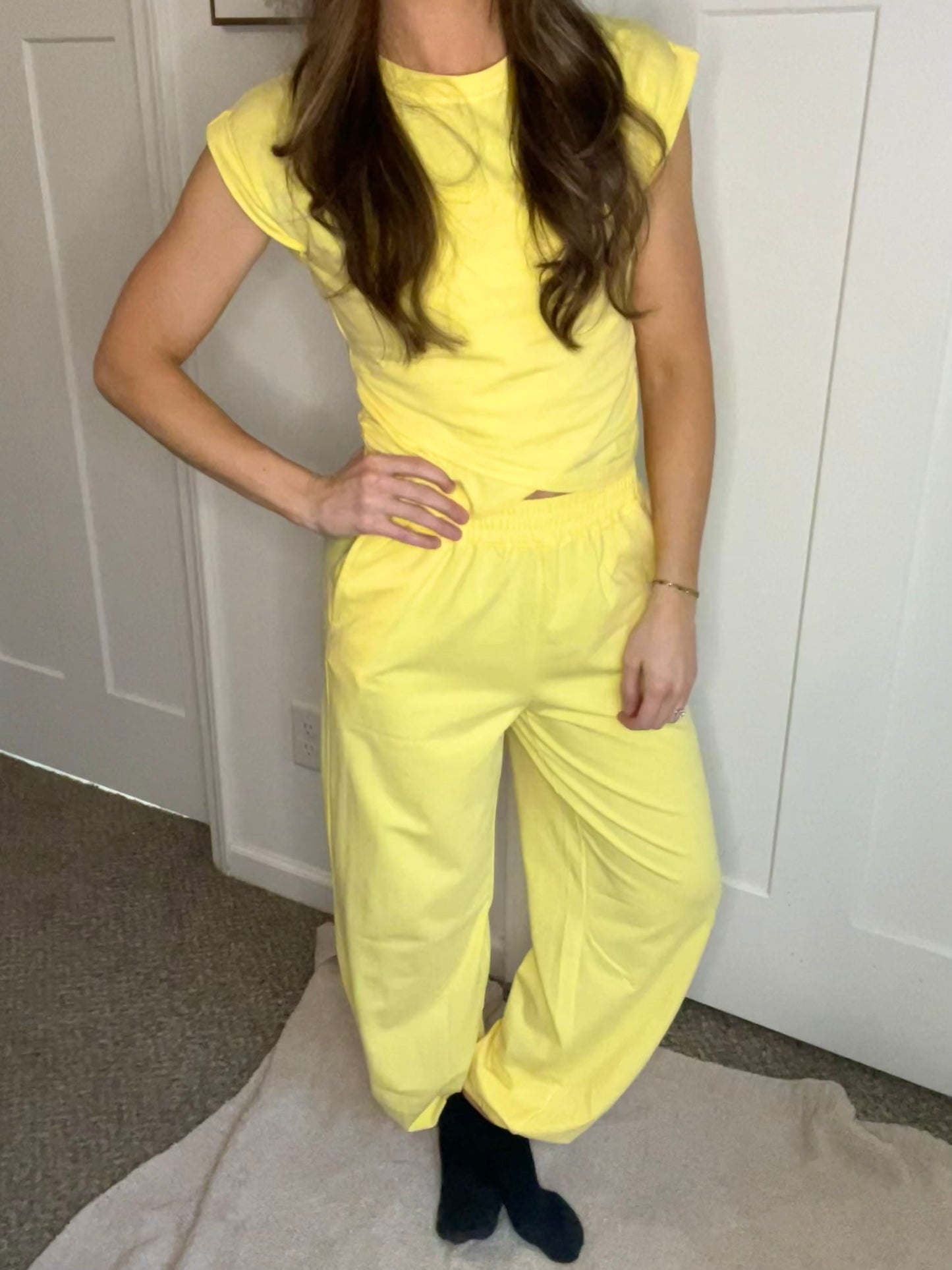 Yellow Cream Cropped Criss Cross Top & Jogger Pant Set
