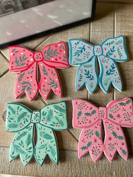 Christmas Bow Ceramic Coasters- set of 6