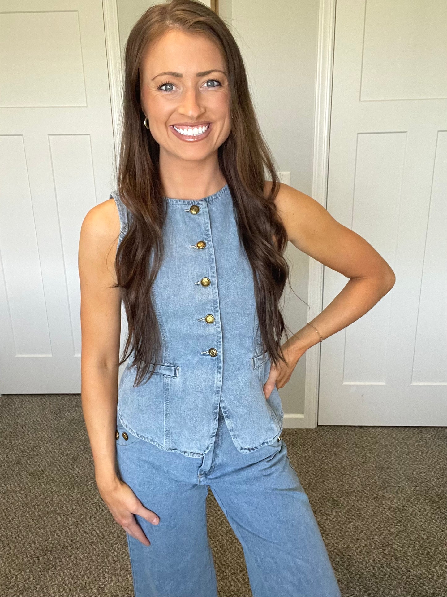 Women's Denim Sleeveless Vest & Wide Leg Jean Set