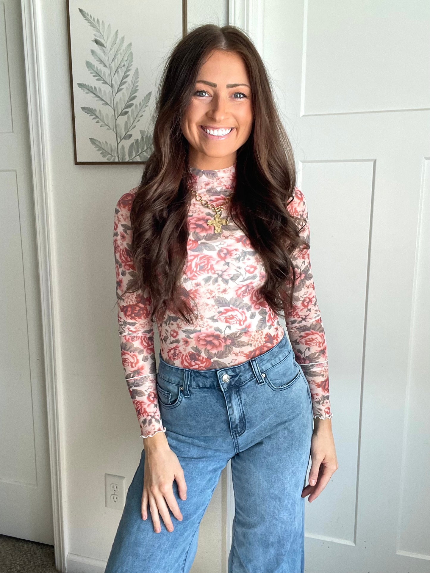 Pink Floral Mock Neck Mesh Top