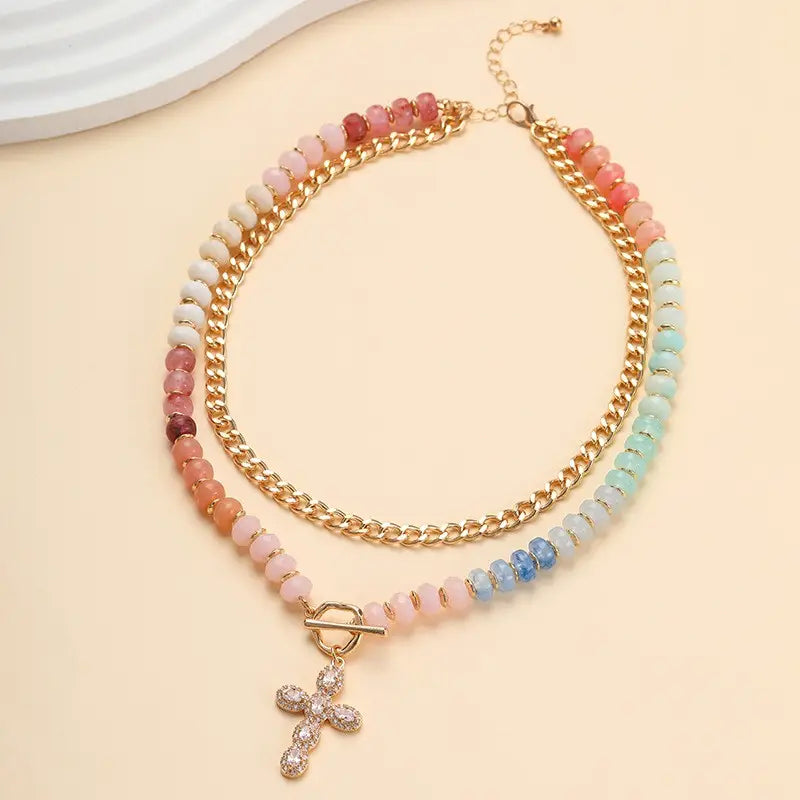 Double Layer Beaded Cross Charm Necklace