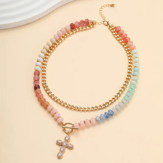 Double Layer Beaded Cross Charm Necklace