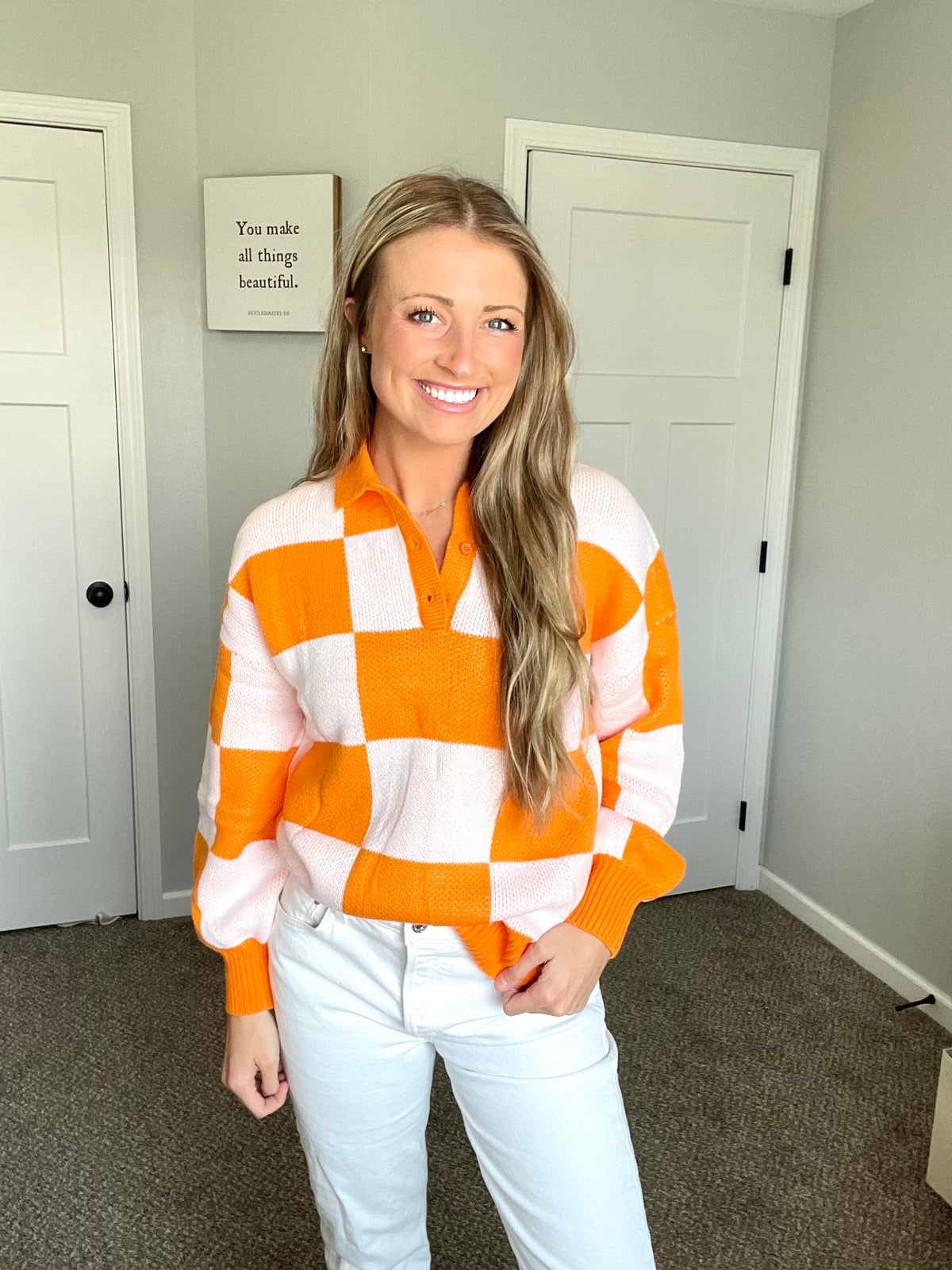 Checkered V Neck Pullover Sweater