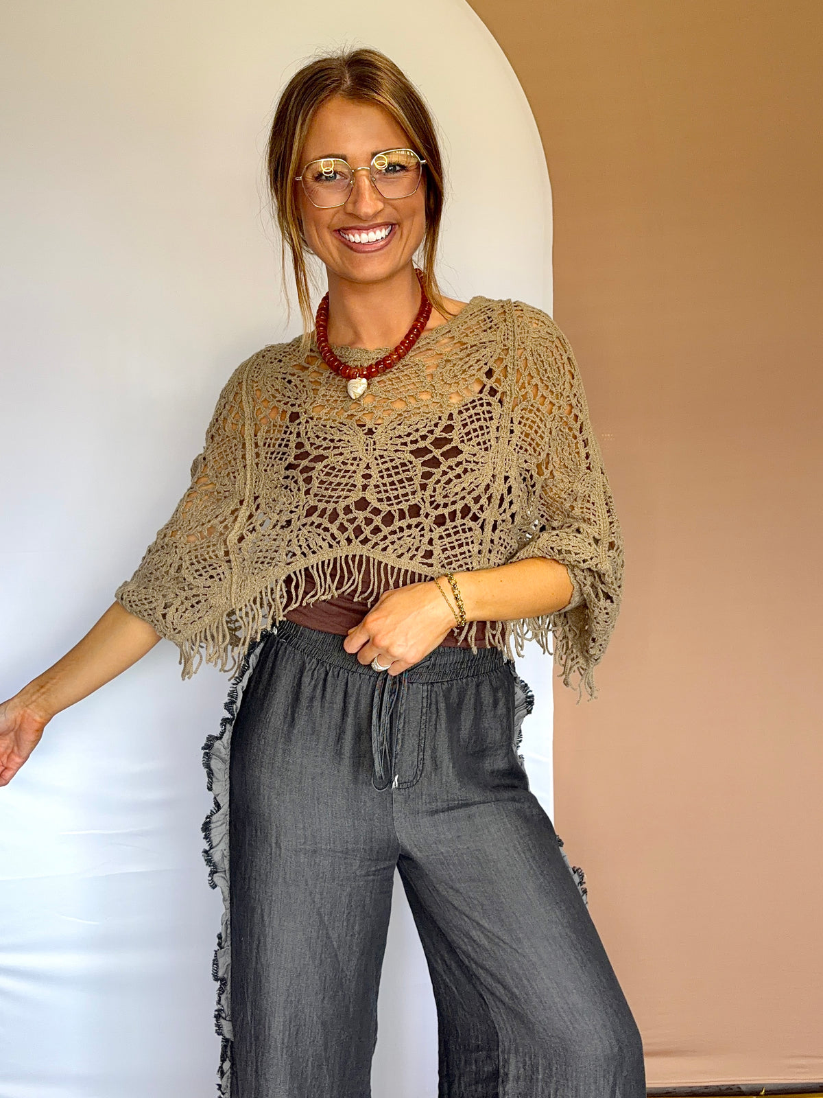 Cropped Brown Open-Knit Top