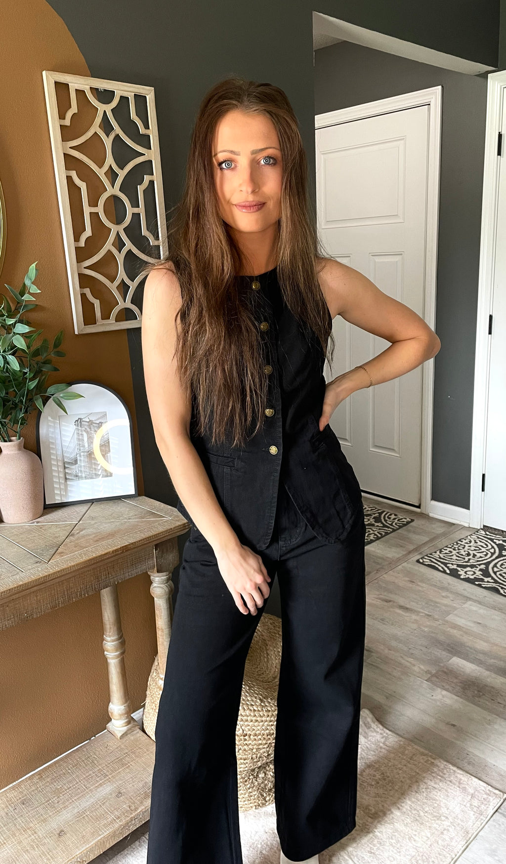 Black Denim Sleeveless Vest & Wide Leg Jeans Set