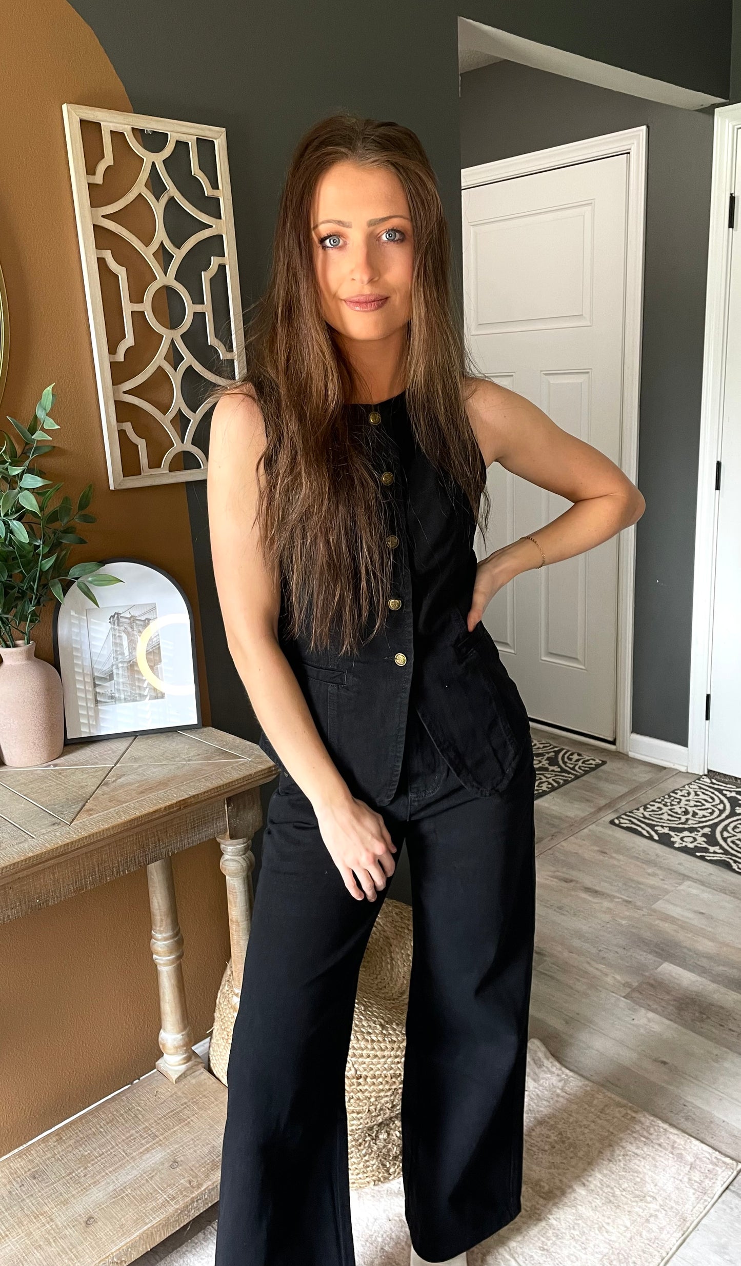 Black Denim Sleeveless Vest & Wide Leg Jeans Set