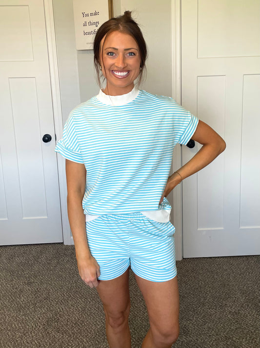Oversized Striped Mock Neck Sweatshirt and Shorts Set