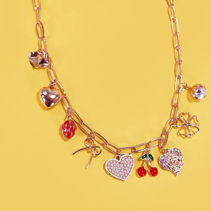 Multi Charm Cherry Bow Heart Necklace