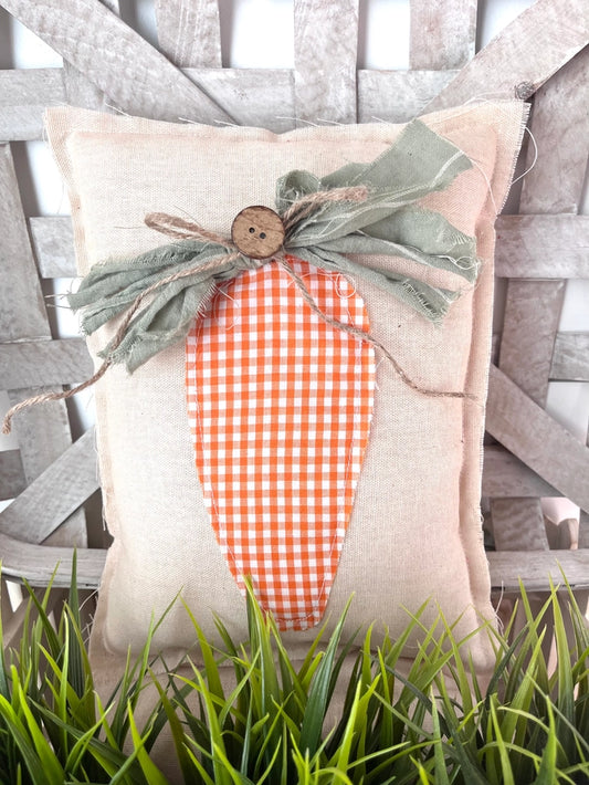 Orange Gingham Primitive Farmhouse Spring Carrot Pillow