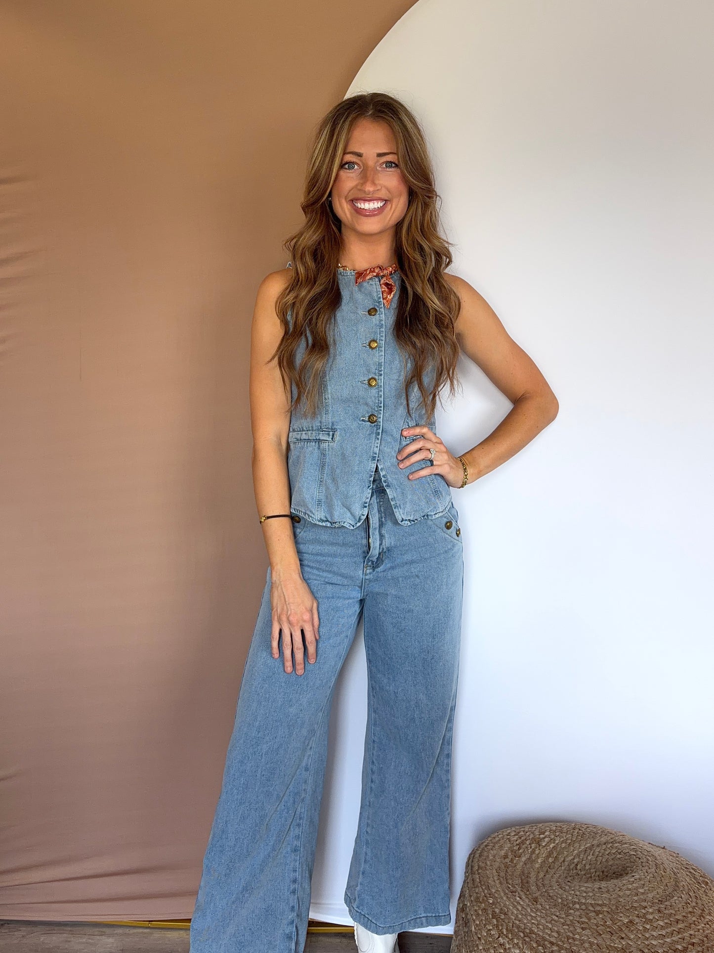 Women's Denim Sleeveless Vest & Wide Leg Jean Set