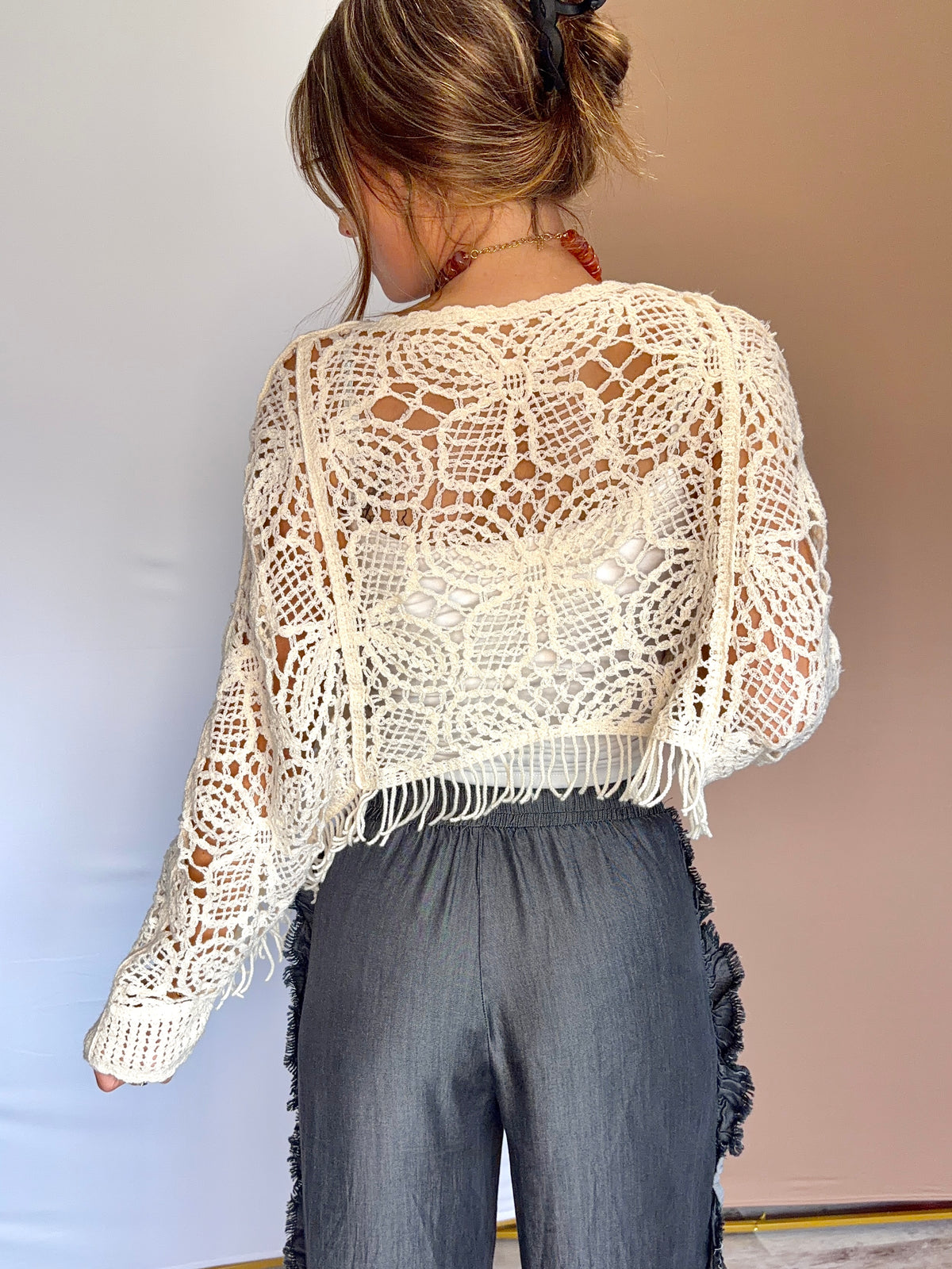 Cropped Beige Open-Knit Top
