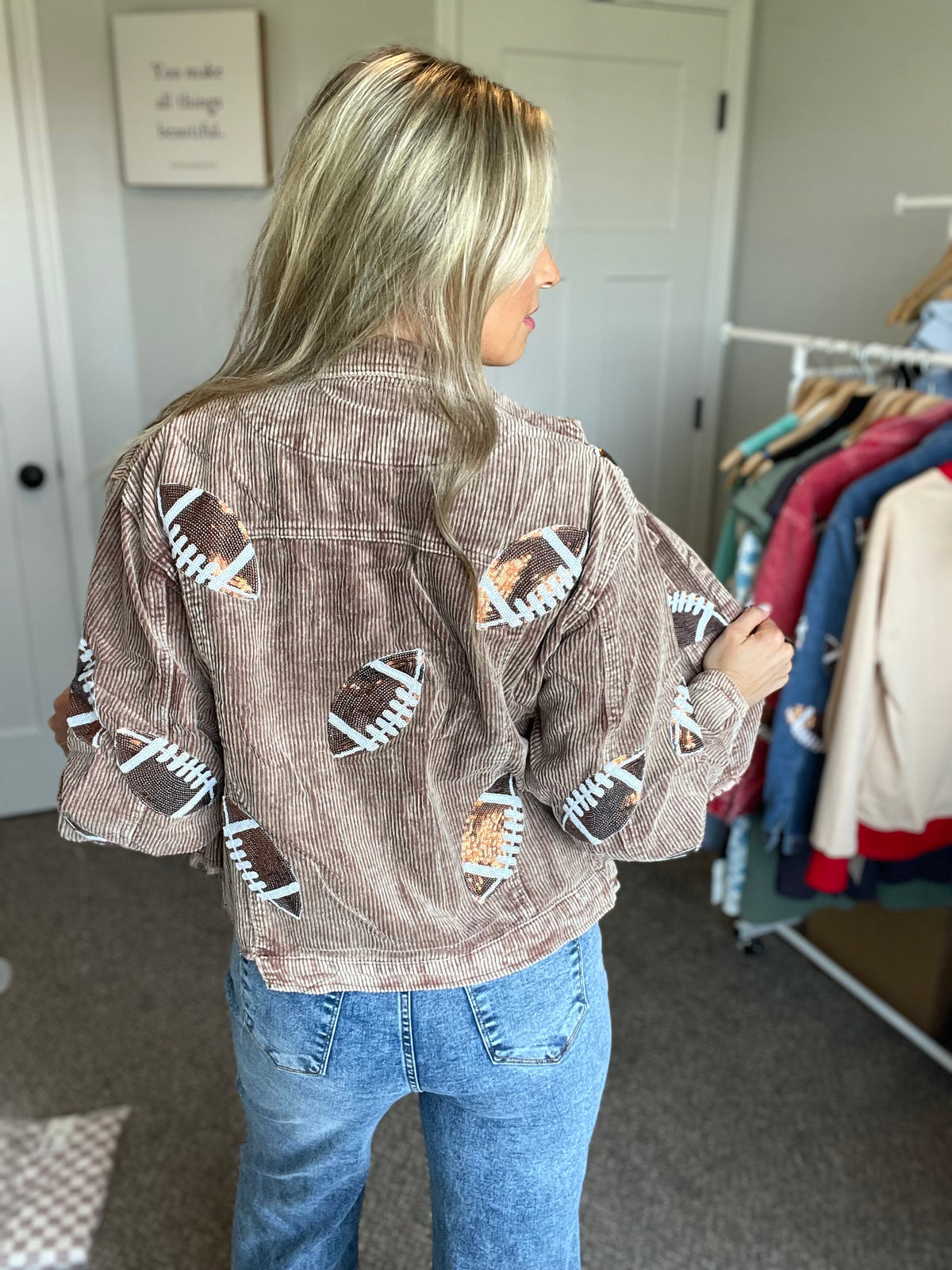 Brown Corduroy Sequin Football Jacket