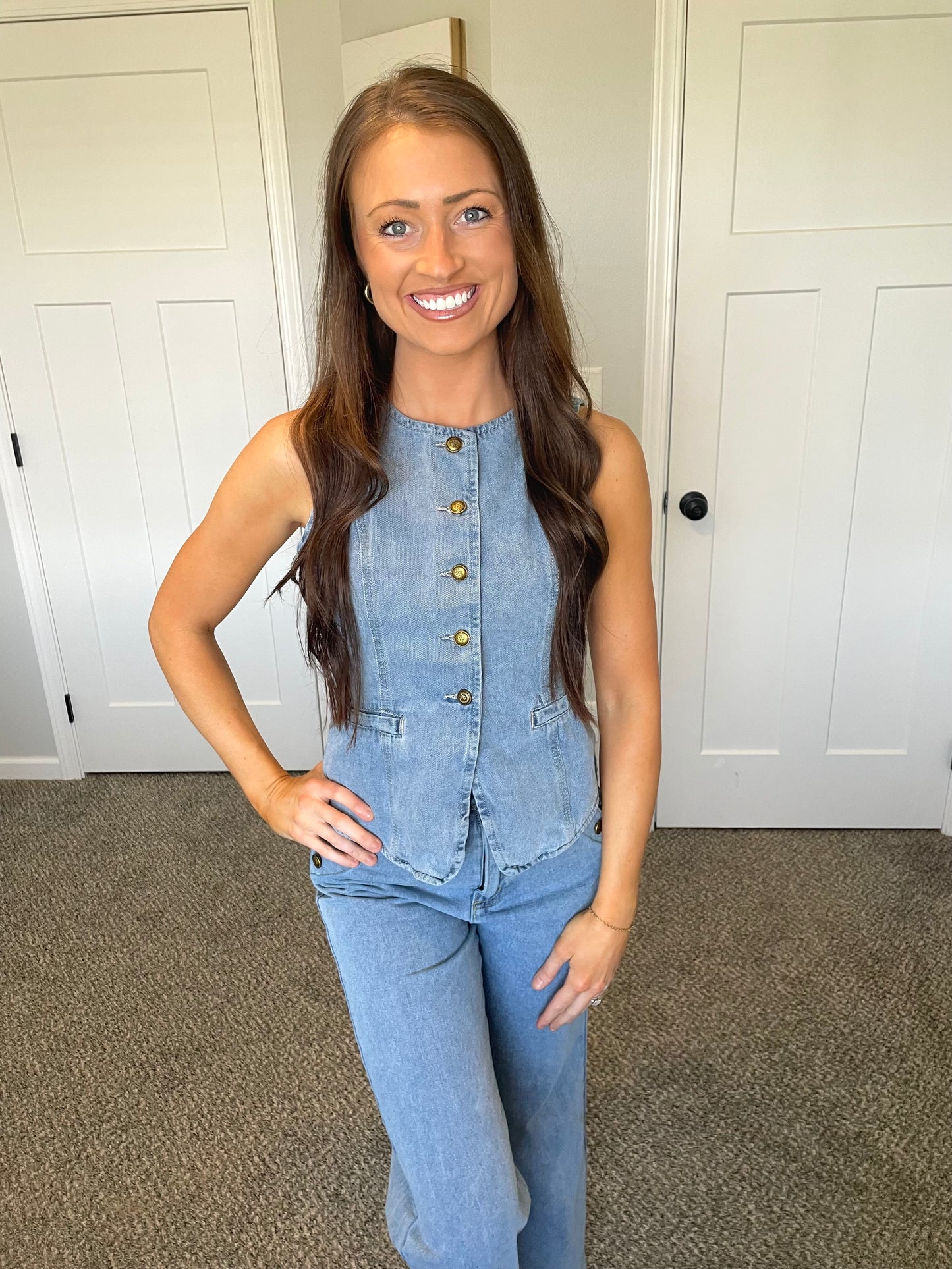 Women's Denim Sleeveless Vest & Wide Leg Jean Set