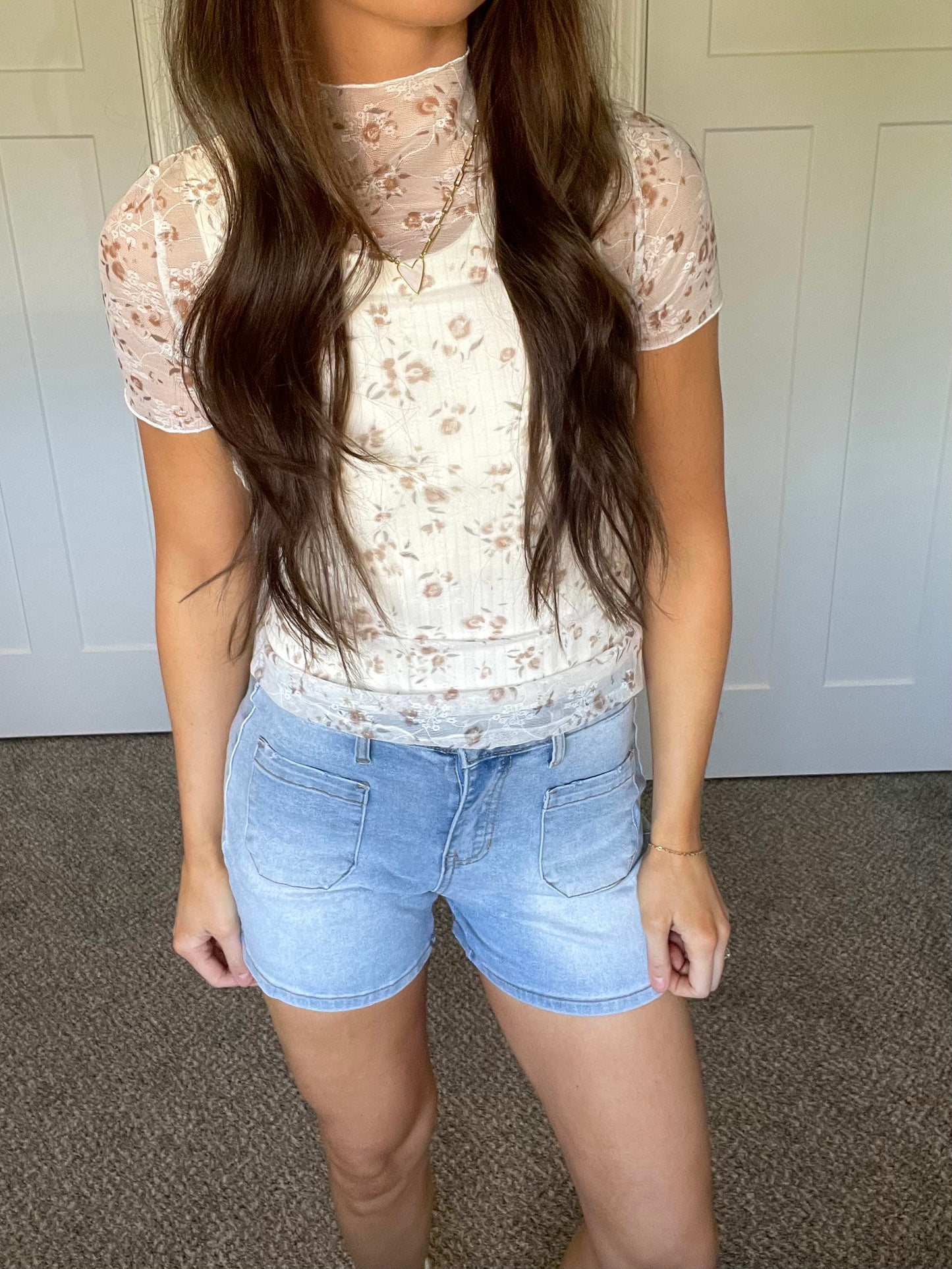 Floral Mock Neck Short Sleeve Mesh Top