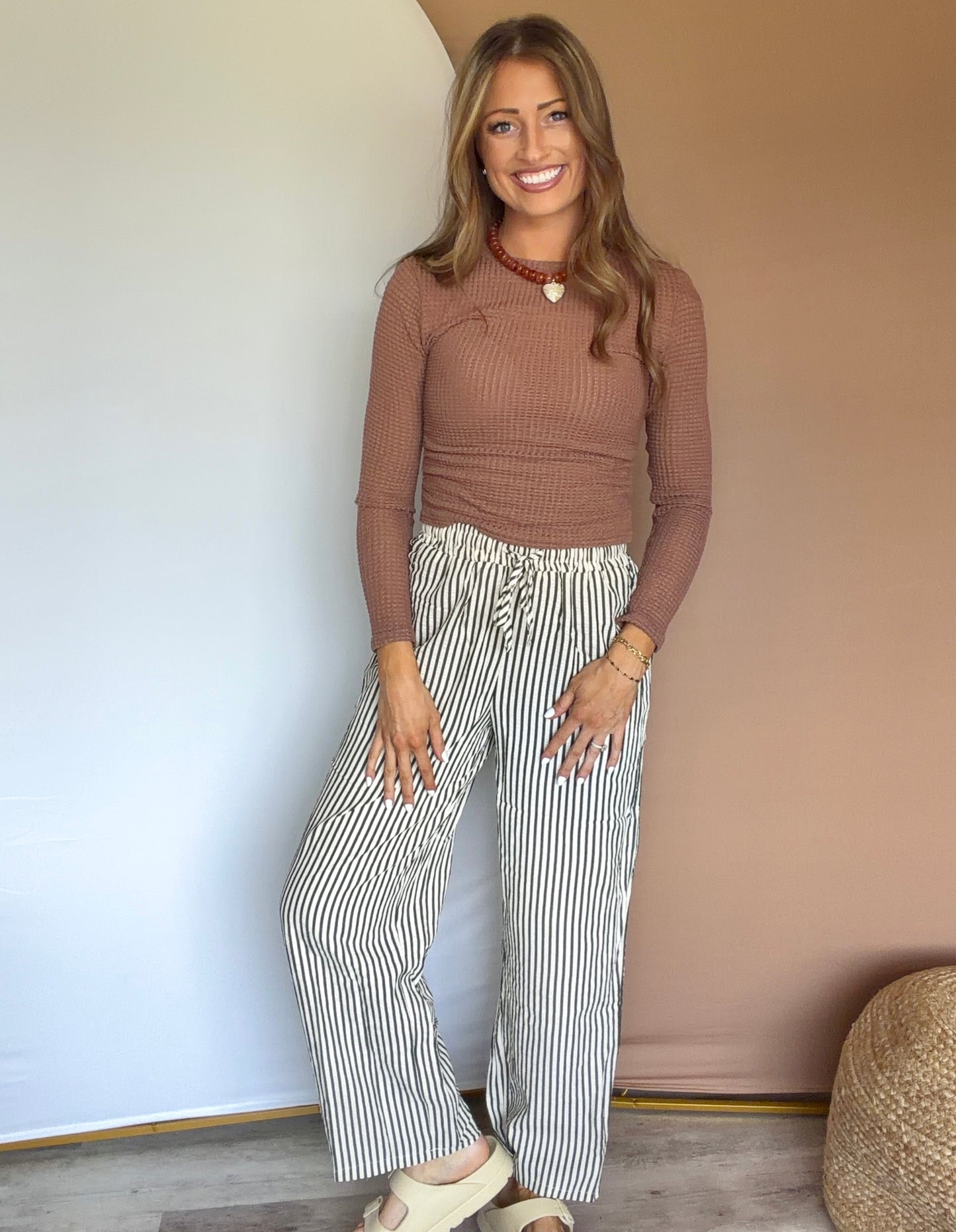 Black Striped Drawstring Wide-Leg Casual Pants