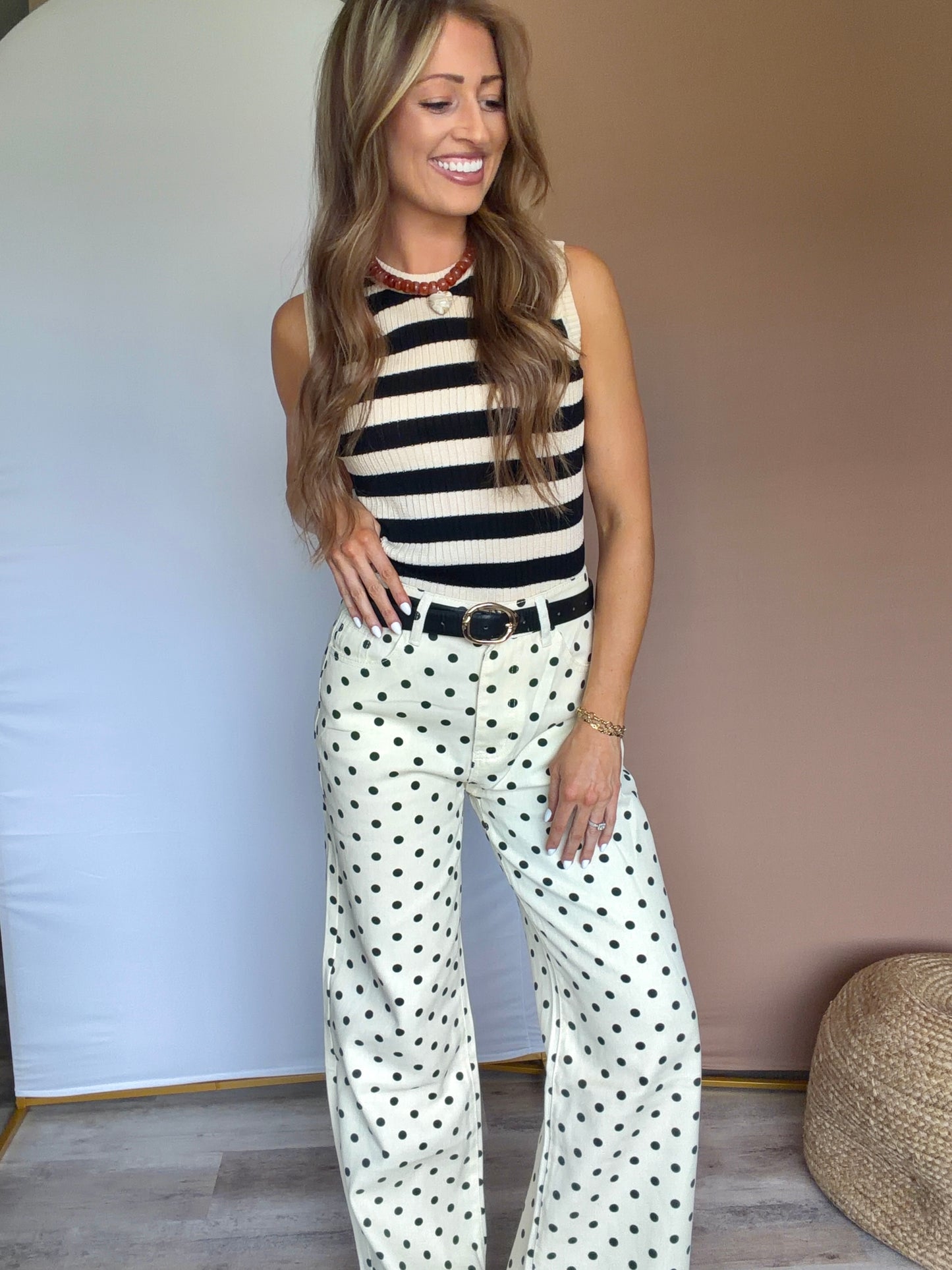 Beige Polka Dot Wide Leg Jeans