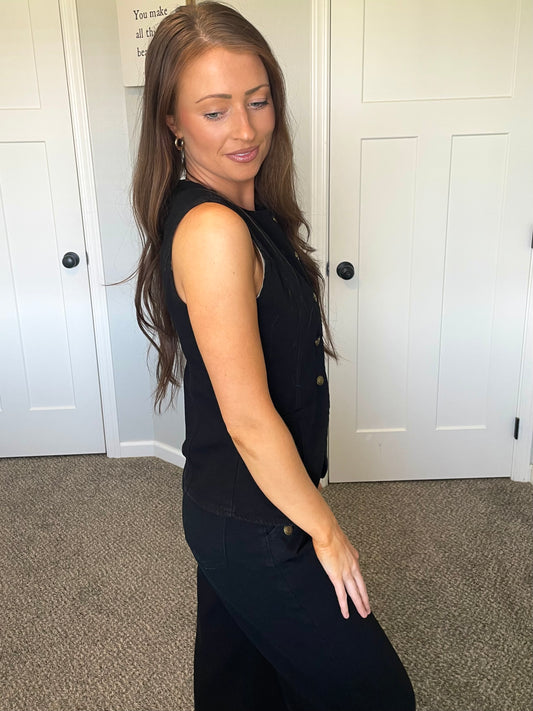 Black Denim Sleeveless Vest & Wide Leg Jeans Set