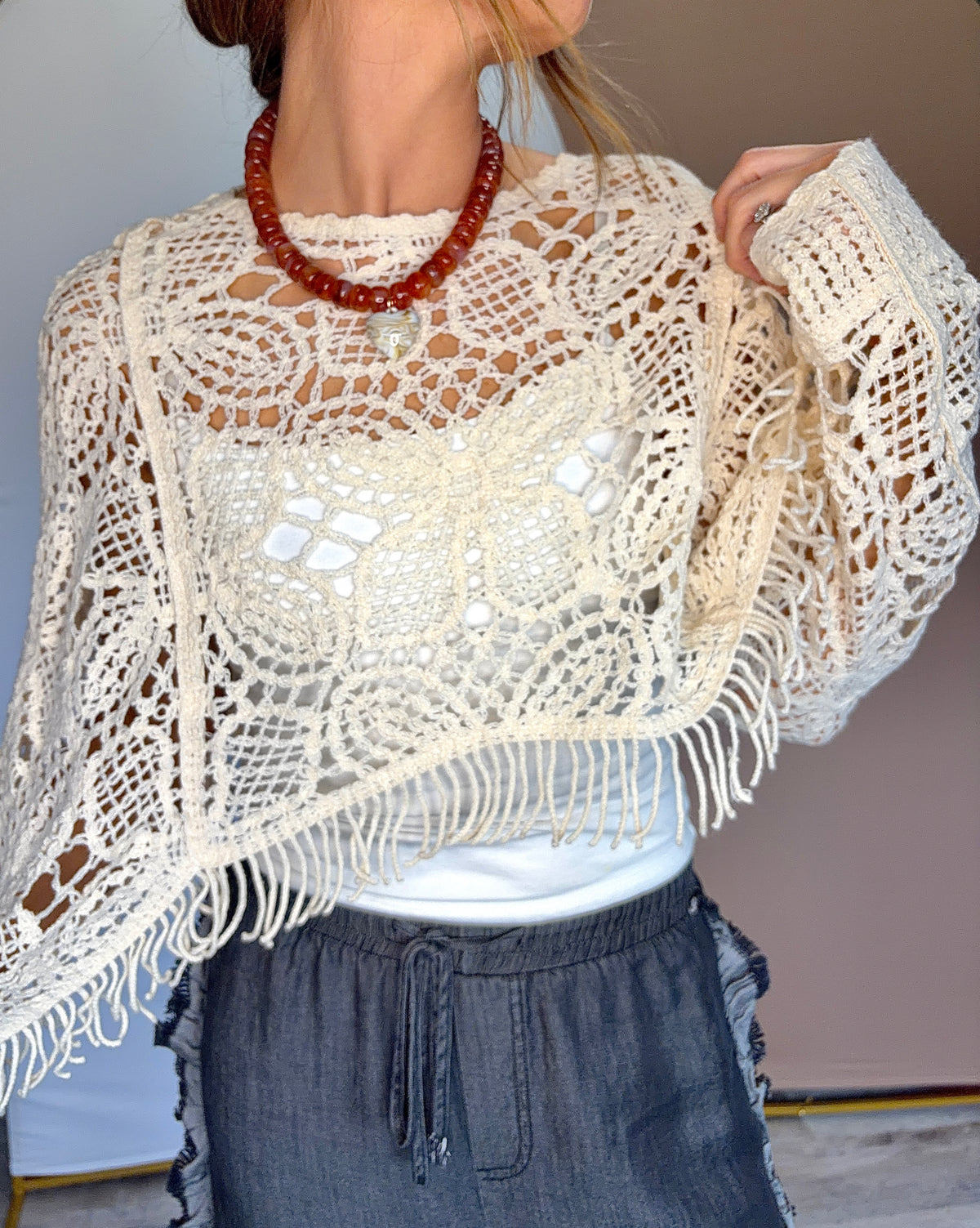 Cropped Beige Open-Knit Top