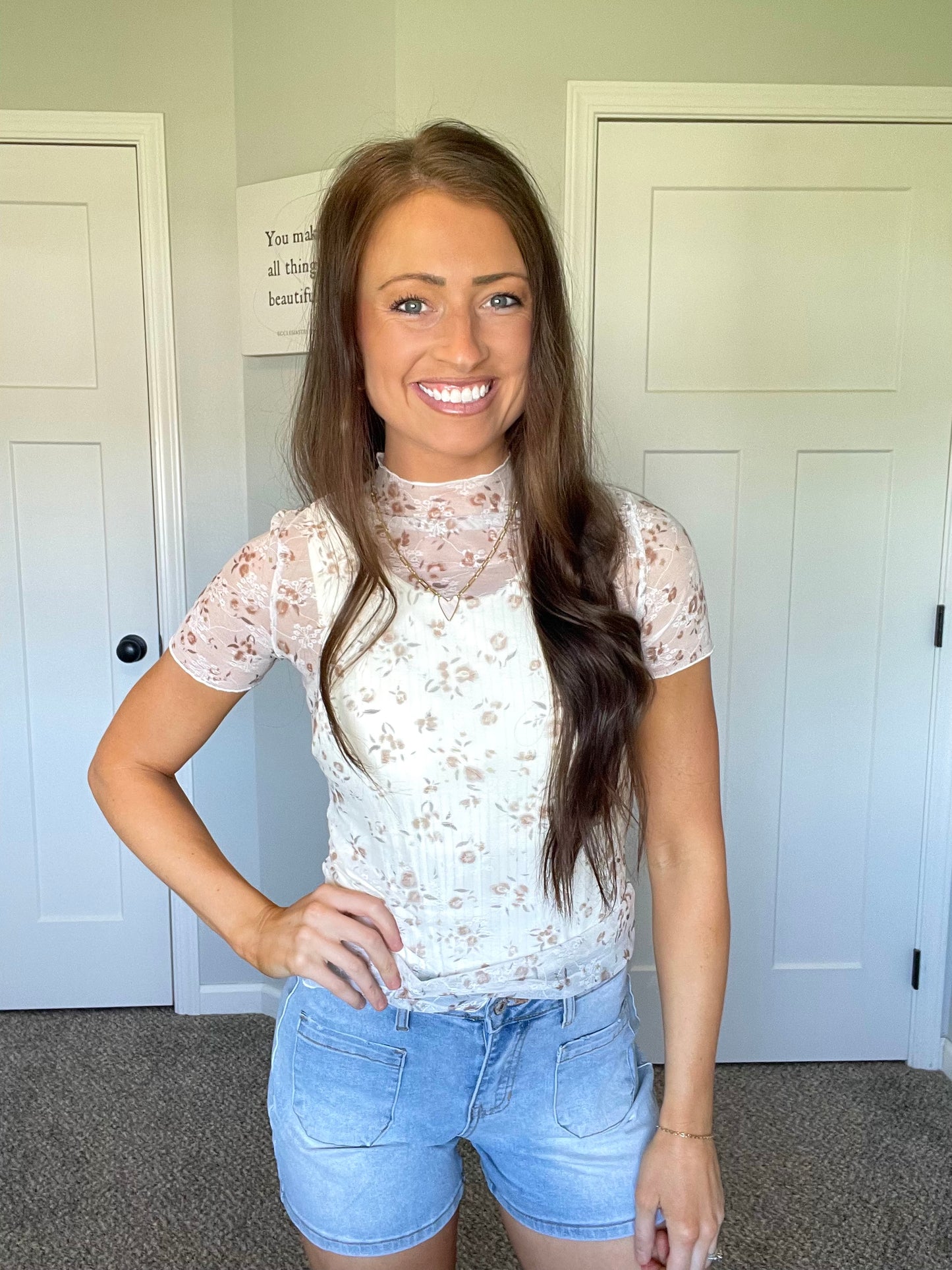 Floral Mock Neck Short Sleeve Mesh Top