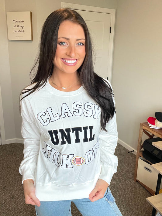 Classy Until Kickoff Letter Patched Football Sweatshirt