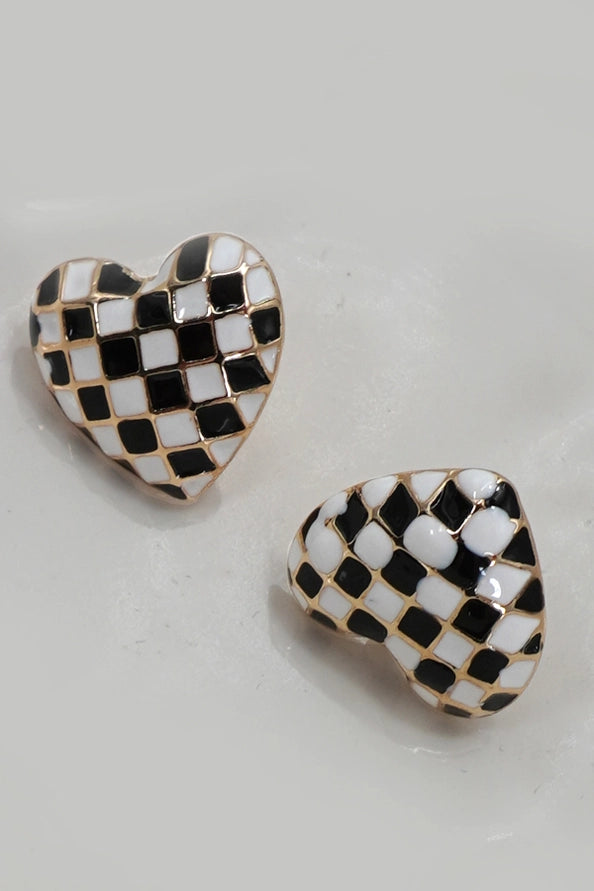 Checkered Heart Stud Earrings