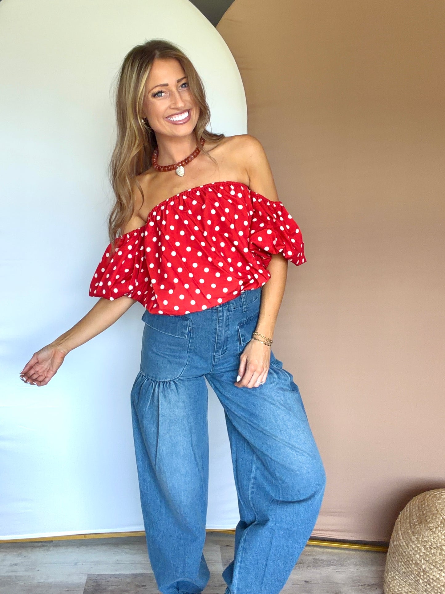 Red Off-Shoulder Polka Dot Top