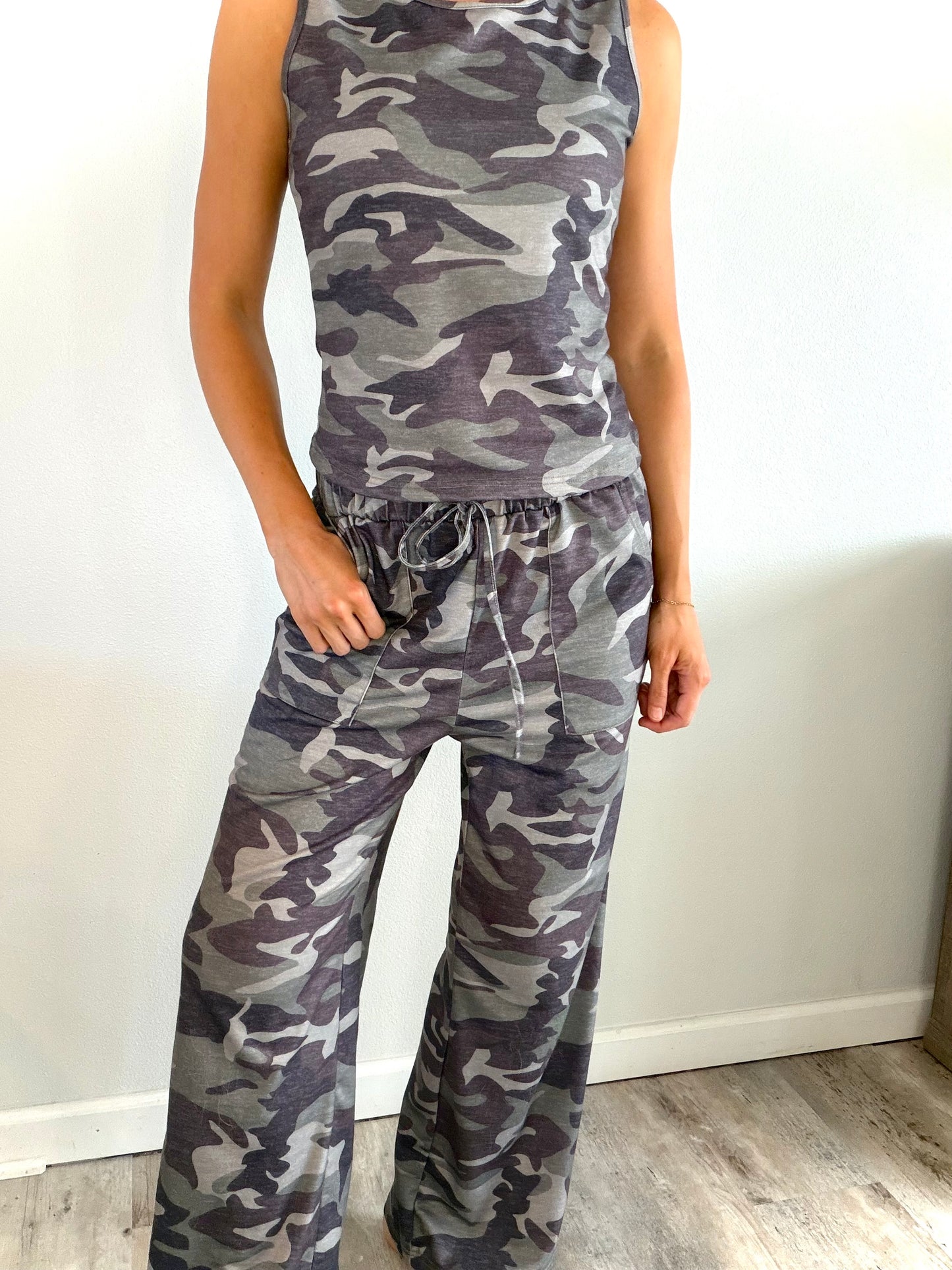 Camo Sleeveless Tank and Drawstring Wide Leg Pant Set