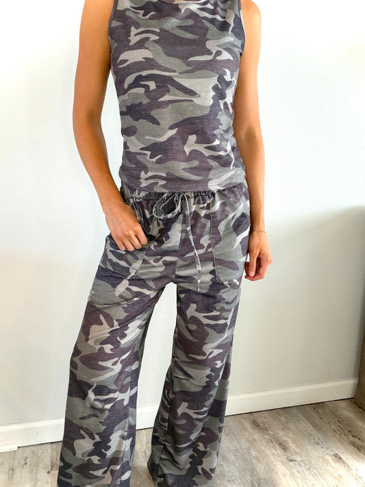 Camo Sleeveless Tank and Drawstring Wide Leg Pant Set