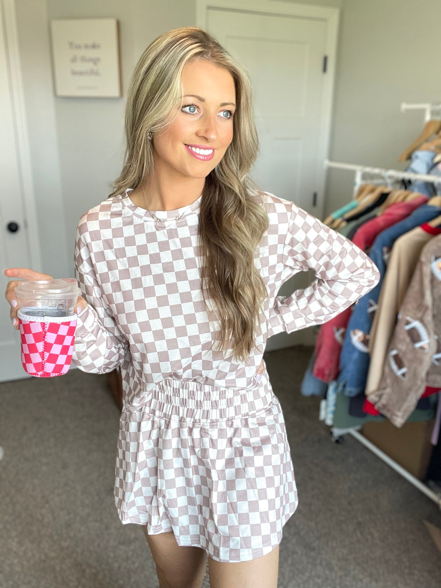 Checkered Long Sleeve Crop and Skort Set