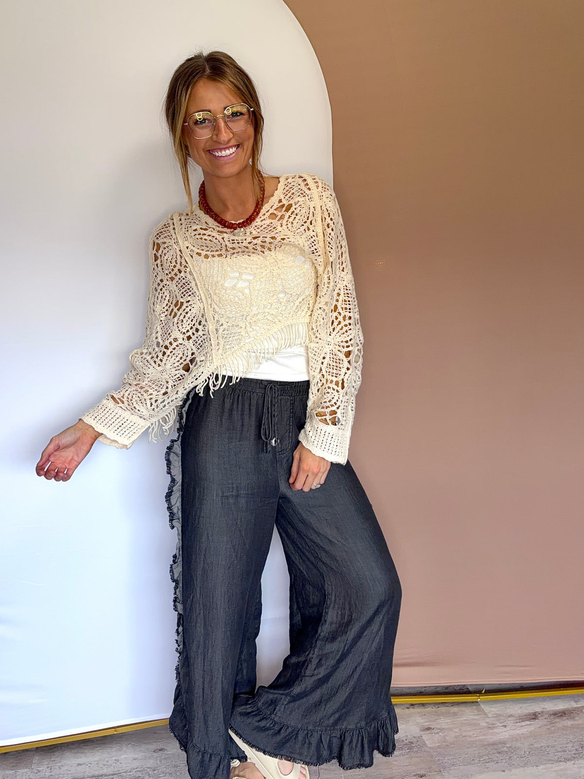 Cropped Beige Open-Knit Top