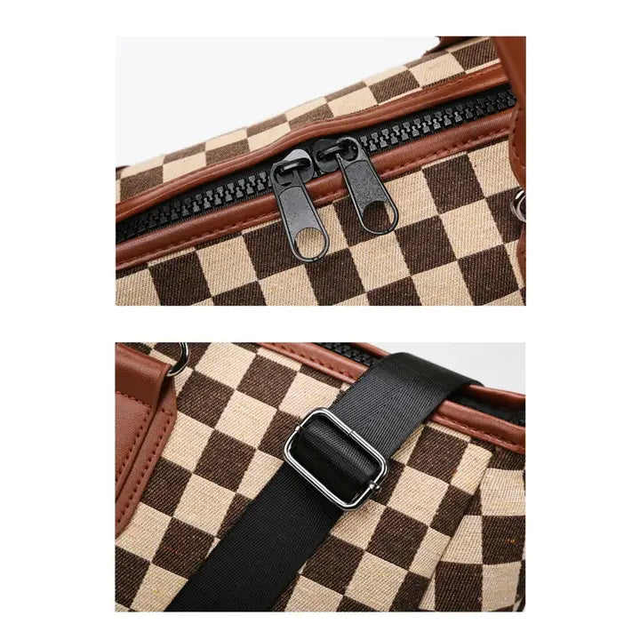Camel Colored Checkered Weekender Duffle Bag