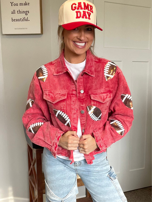 Red Corduroy Sequin Football Jacket