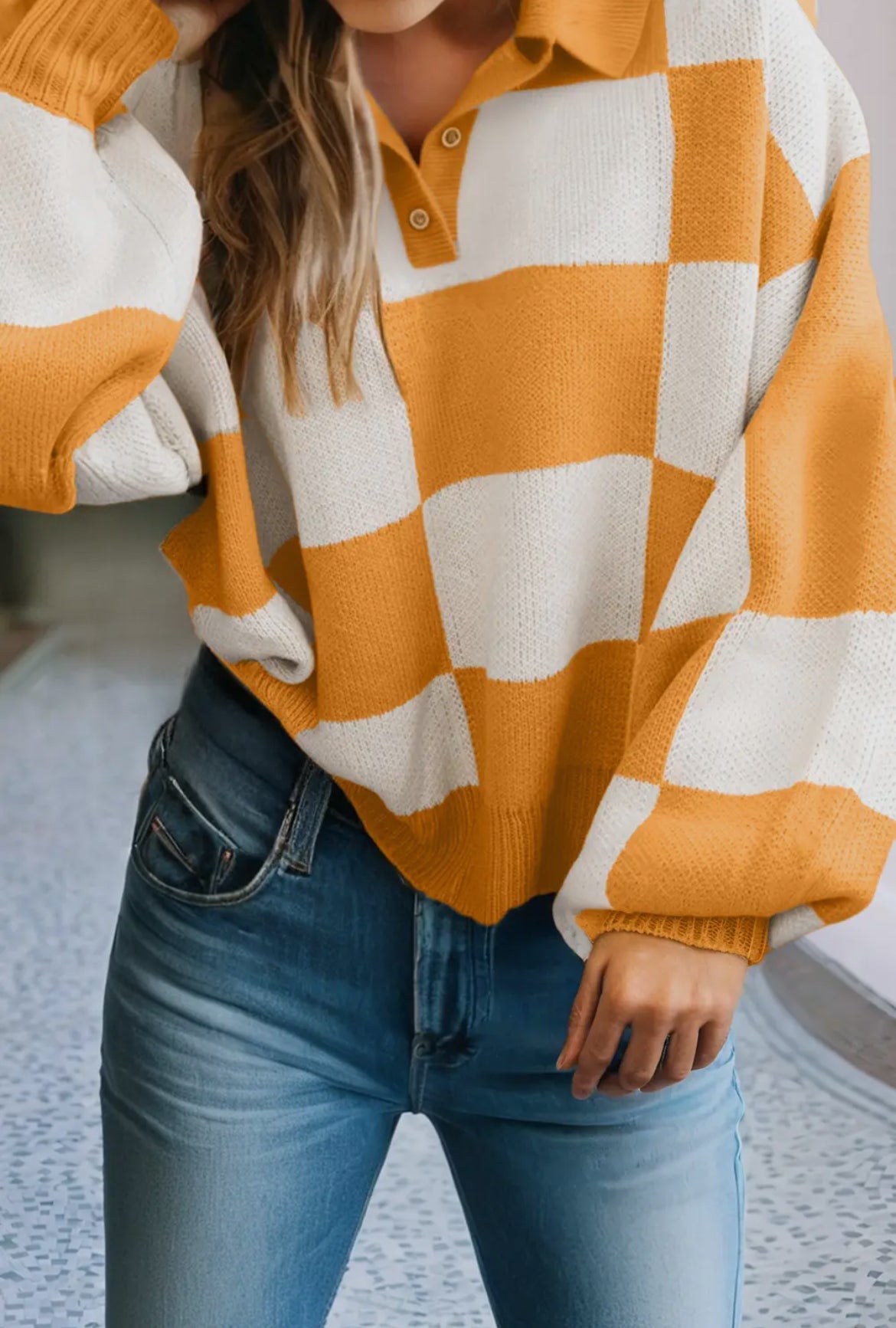 Checkered V Neck Pullover Sweater