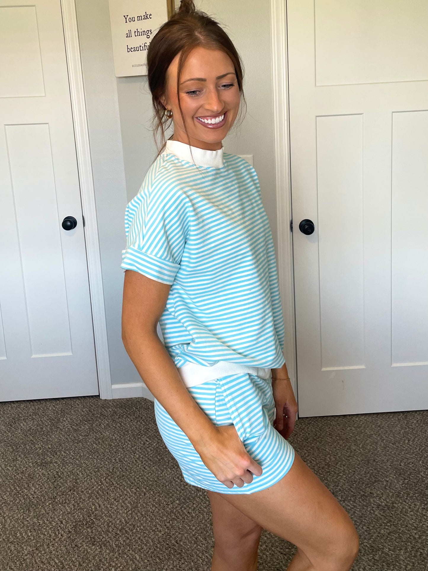 Oversized Striped Mock Neck Sweatshirt and Shorts Set