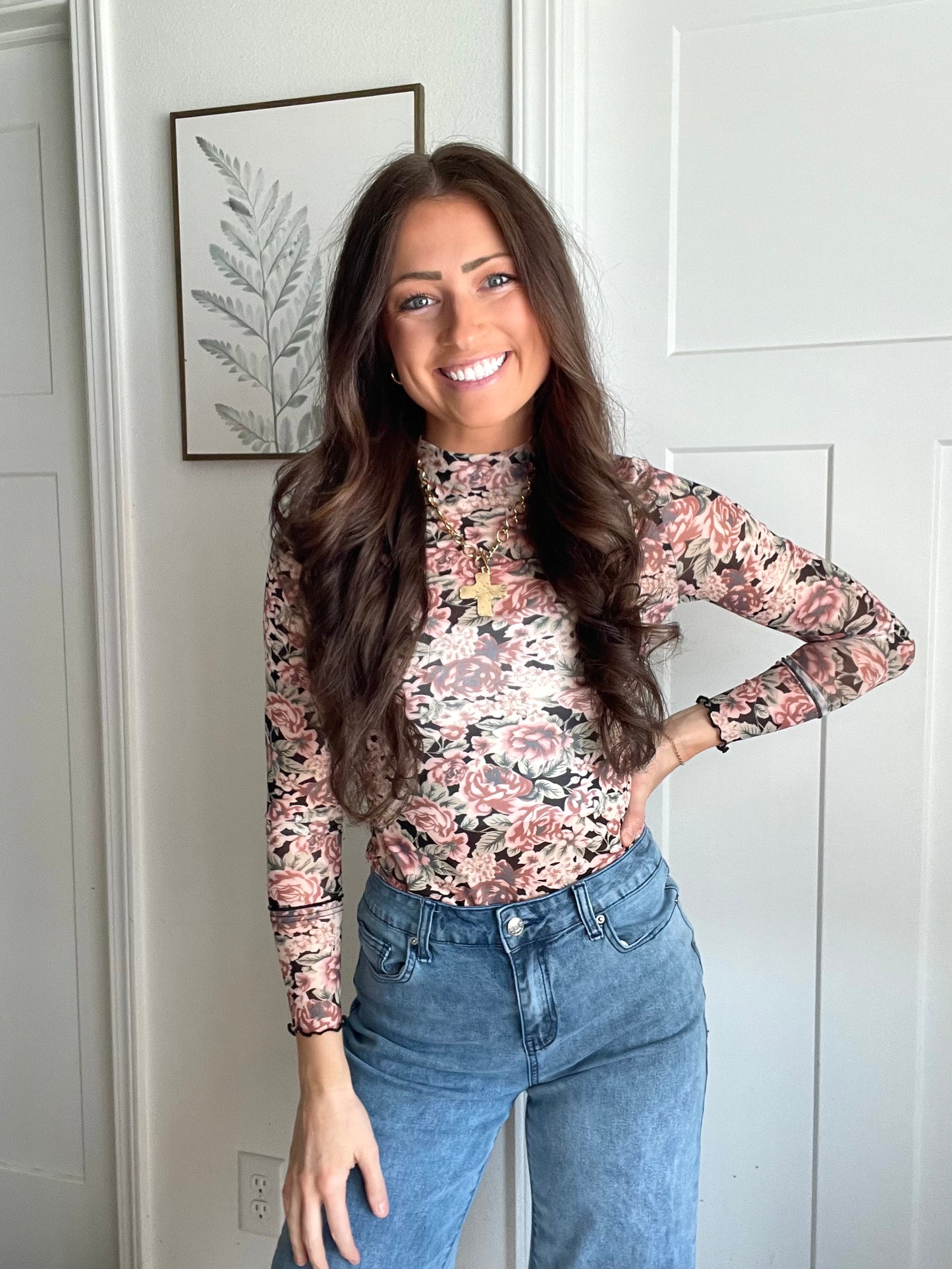 Black Floral Mesh Mock Neck Top