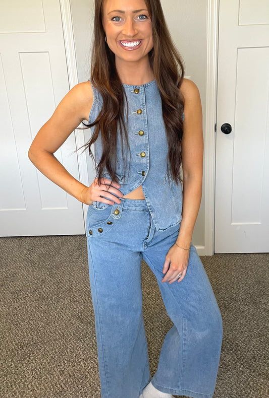 Women's Denim Sleeveless Vest & Wide Leg Jean Set