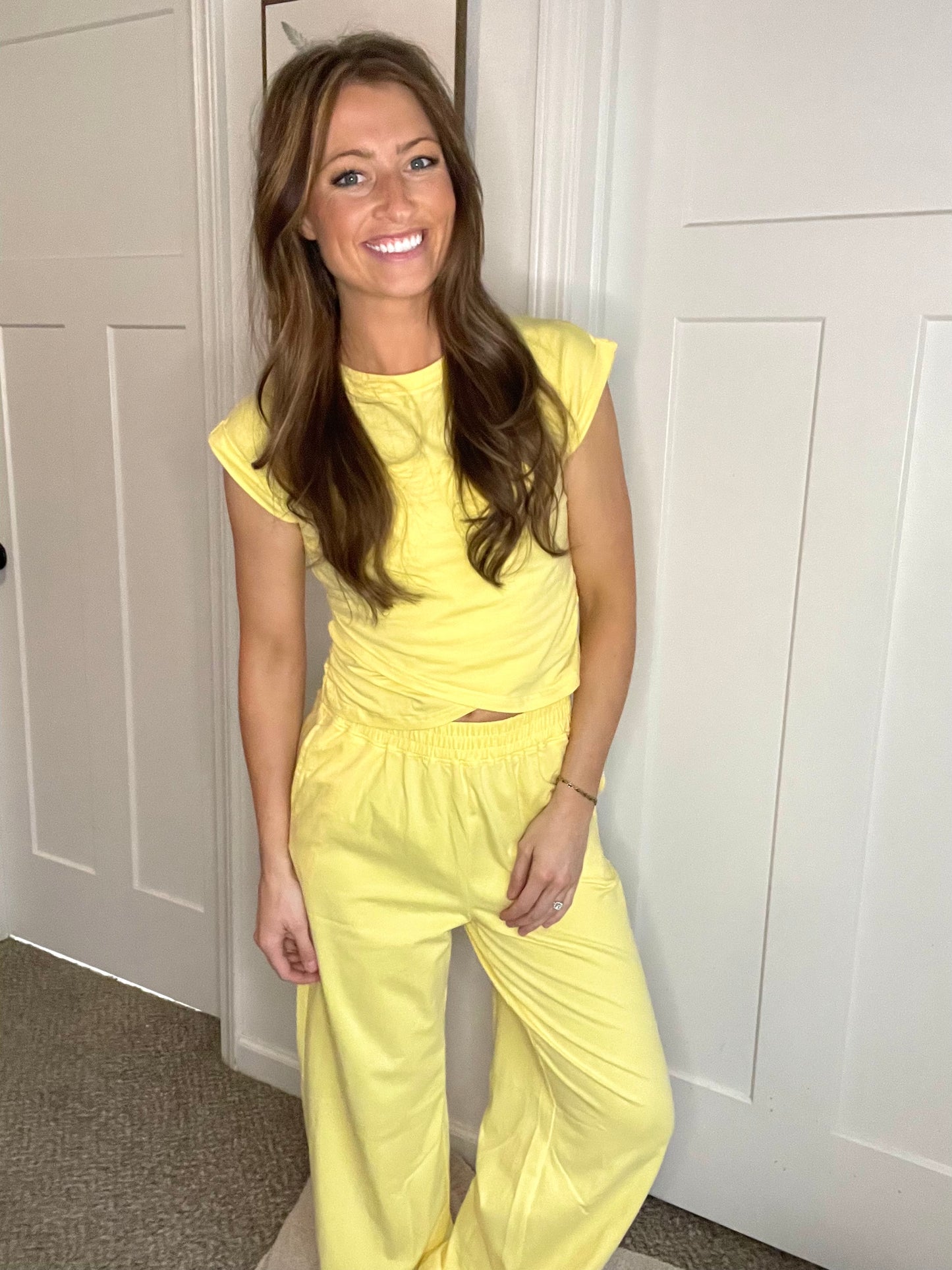 Yellow Cream Cropped Criss Cross Top & Jogger Pant Set