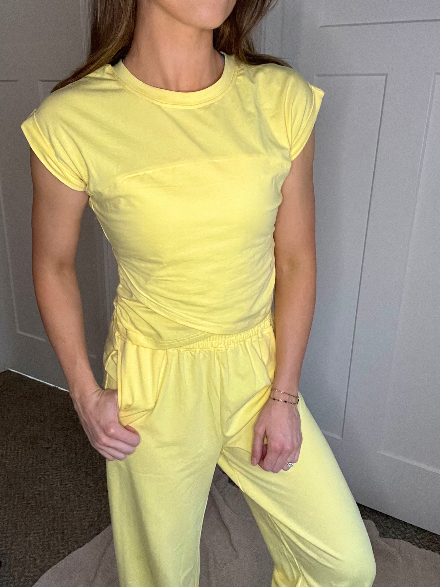 Yellow Cream Cropped Criss Cross Top & Jogger Pant Set